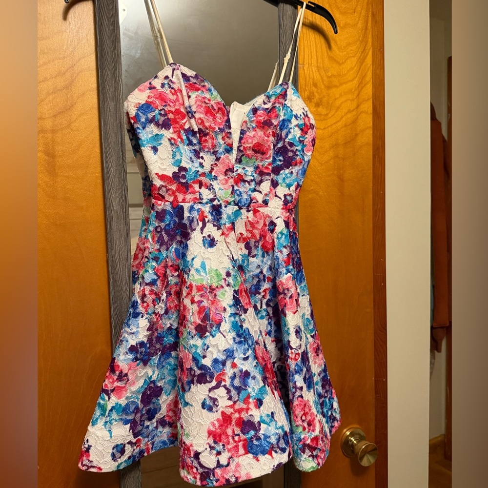 B Darlin Strapless Dress with Floral Accents